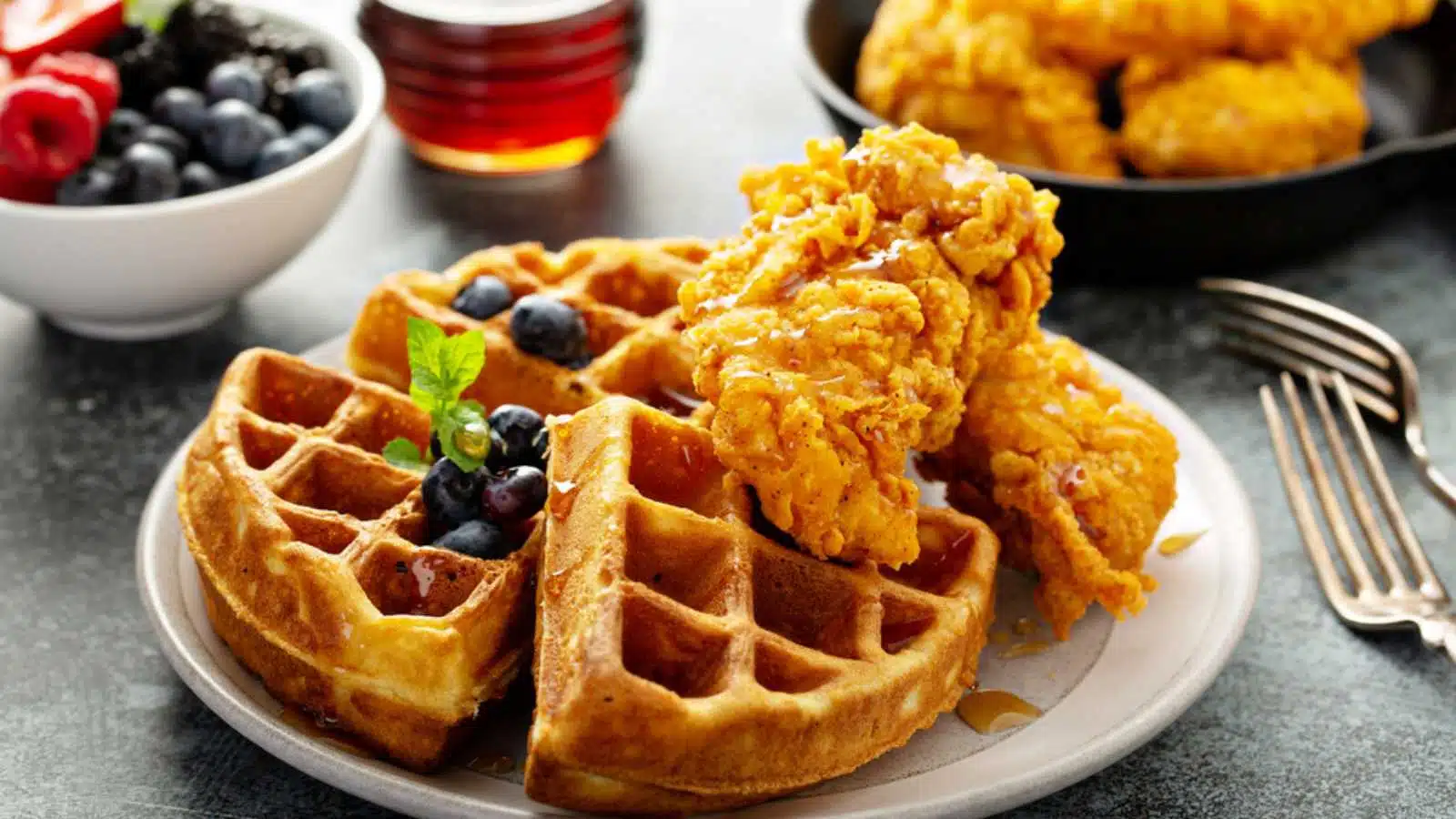 Waffles with fried chicken and maple syrup, southern comfort food