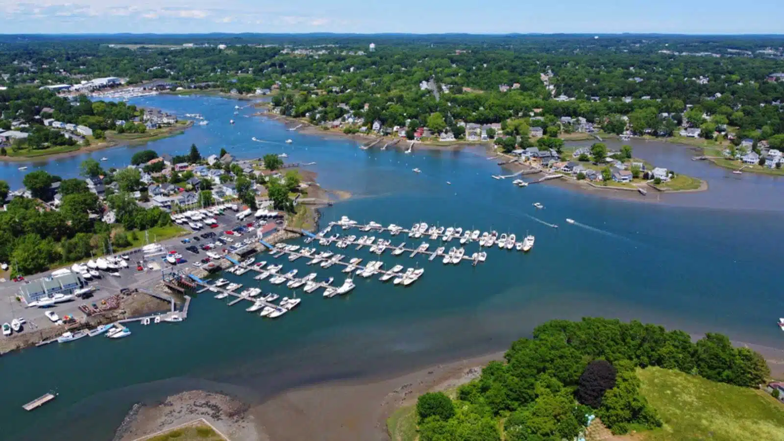 Danvers Liberty Marina aerial view at 130 Water Street at Crane River and Waters River in city of Danvers, Massachusetts MA, USA.