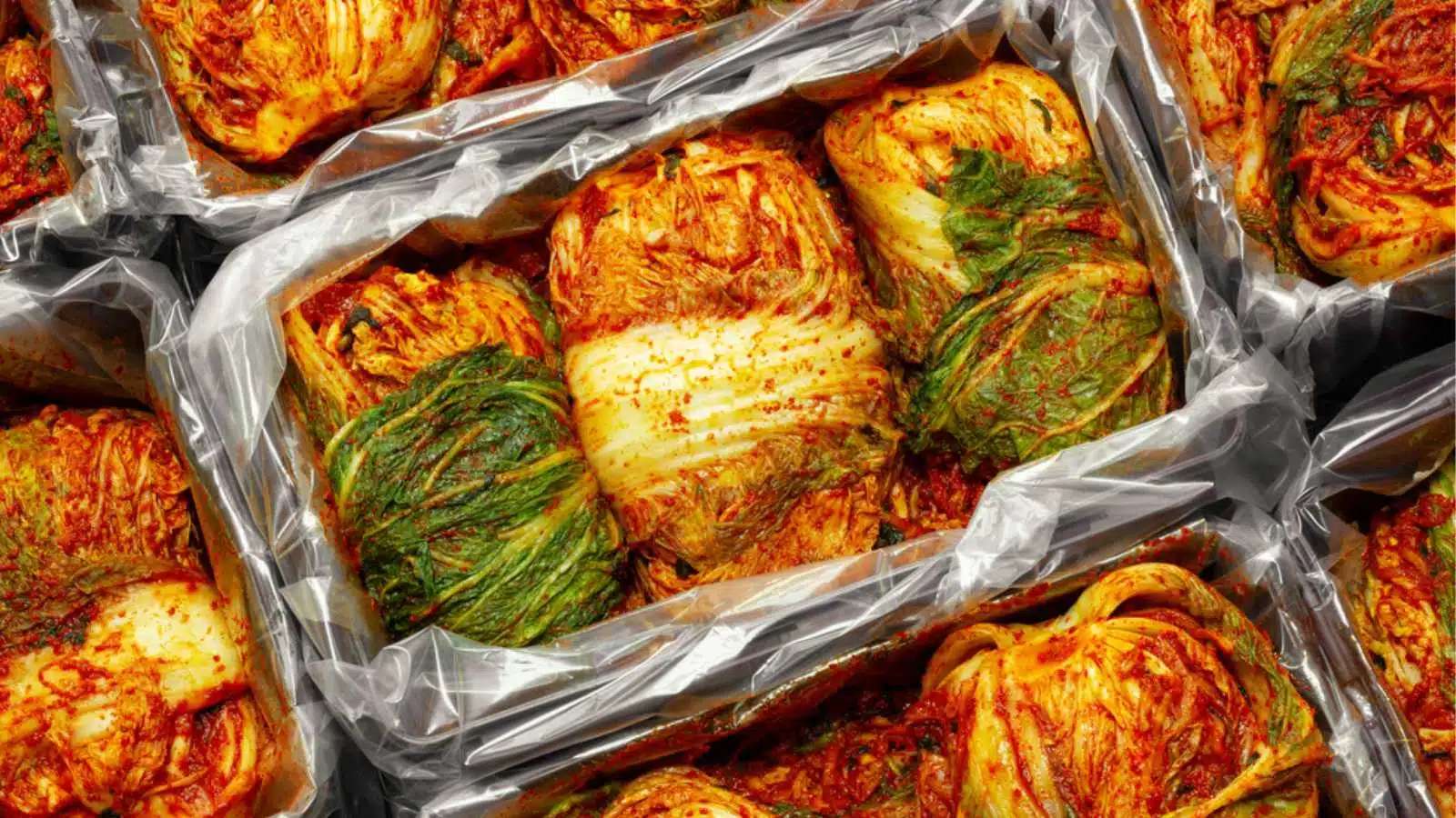 The most famous Korean traditional food Kimchi(napa cabbage) stored in Kimchi container. Make a Kimchi concept. Top view.