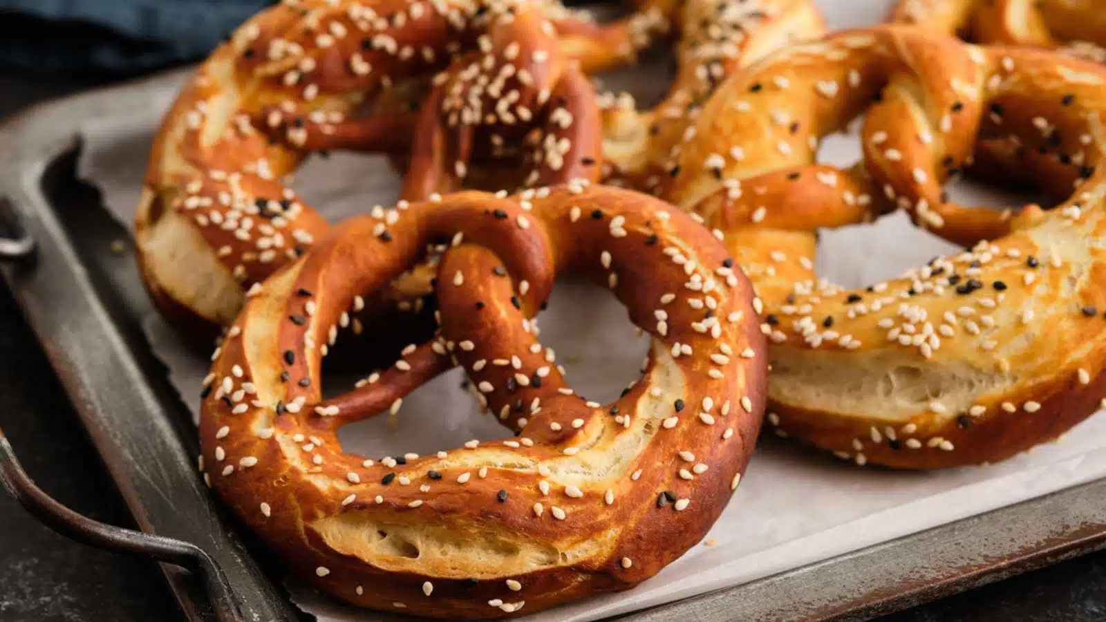 Homemade whole meal pretzels with sesame and salt. Oktoberfest.