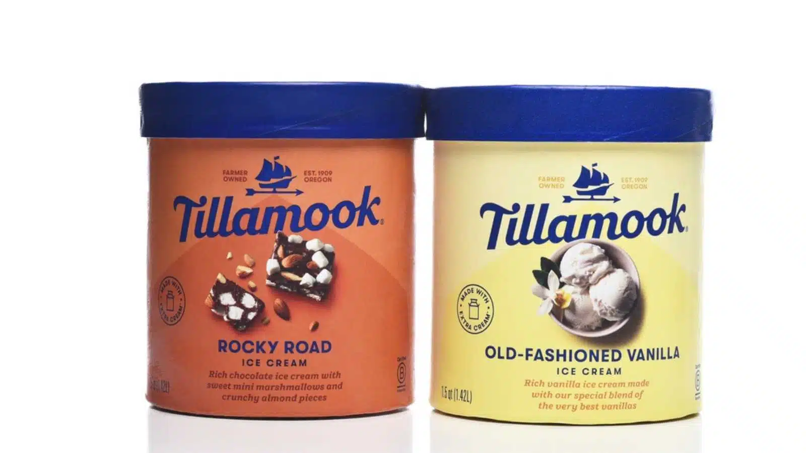 IRVINE, CALIFORNIA - 2 MAY 2022: Two cartons of Tillamook Ice Cream, Rocky Road and Old Fashioned Vanilla.