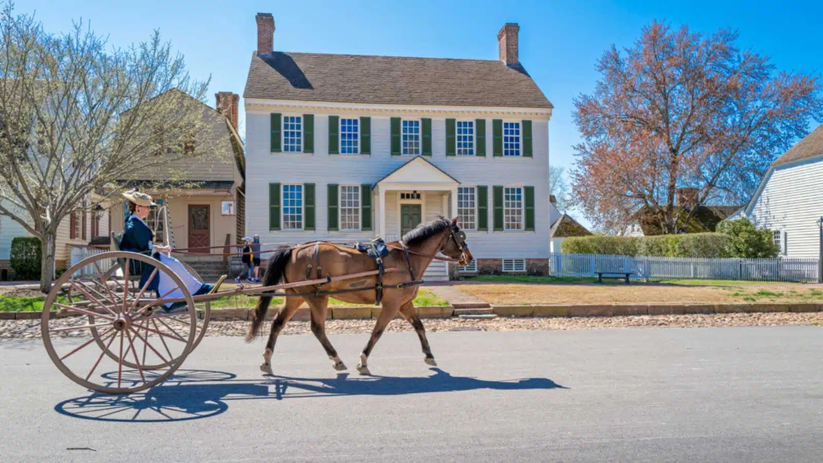 Williamsburg, Virginia, USA: 31st March 2021; Woman riding on a horse and buggy in colonial Williamsburg