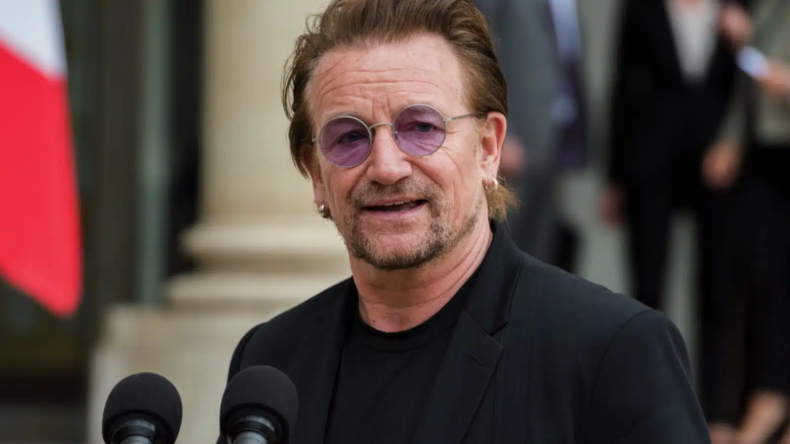 Paris, FRANCE - July 24, 2017 : Bono, the singer and leader of the band group U2 and Co-founder of the organization ONE at Elysee Palace to meet the french President to speak about his organization.