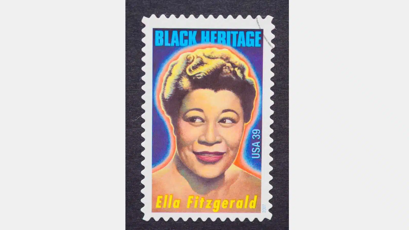 a postage stamp printed in USA showing an image of Ella Fitzgerald, circa 2007.